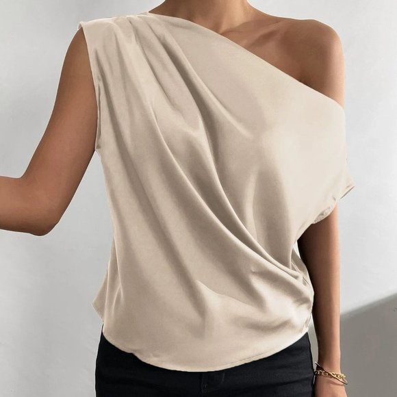 Khaki Boho Womens Asymmetrical Neck Ruched Shoulder Blouse - Picture 4 of 5